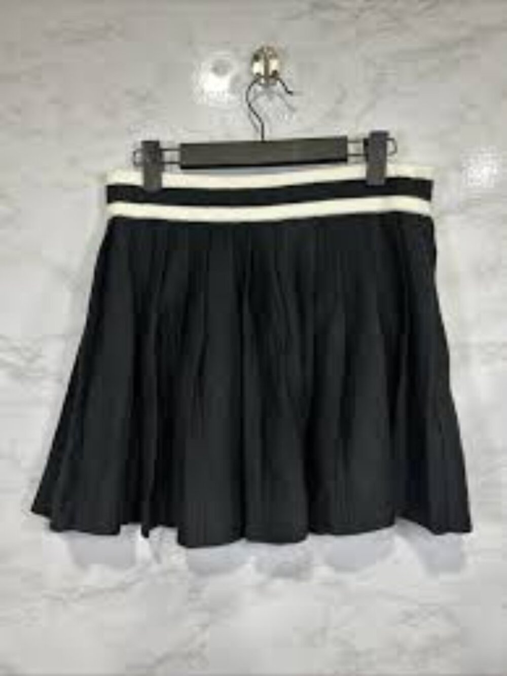aerie Black Pleated Skater Mini Skirt with White-Trim Waistband
